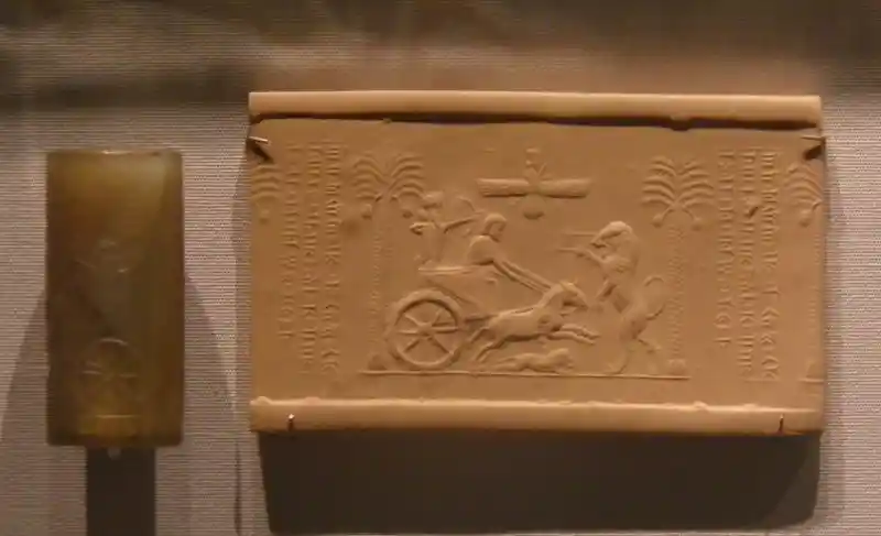 Winged man, sun-disc on top of a chariot of king Darius firing arrows at a lion on the Darius seal